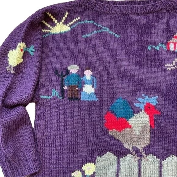 Berek Wool Sweater Farmcore Picket Fence Rooster Knit Cottagecore Size Small - Picture 2 of 9